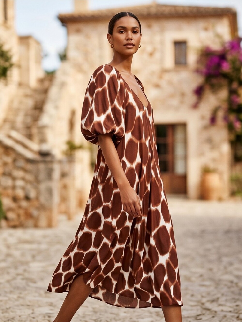 Corey Lynn Calter Brown and Cream Giraffe Print Bouson Short Dress